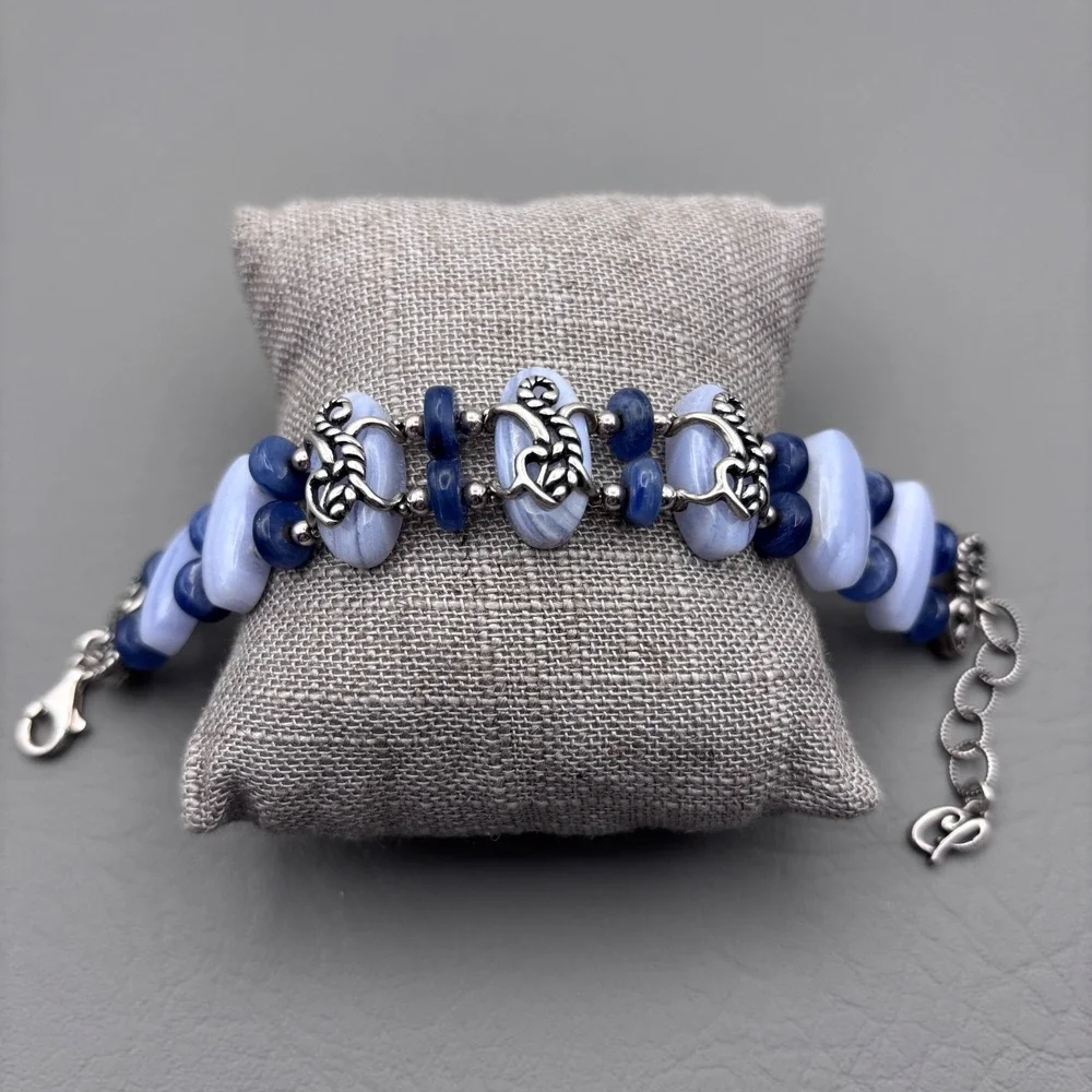 Vintage Carolyn Pollack Half Moon Bay Link Bracelet 925 Blue Lace Agate Kyanite
